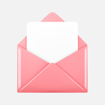 Opened envelope with card in 3D style isolated on gray background. Open envelope icon with letter. Vector illustrationのイラスト素材