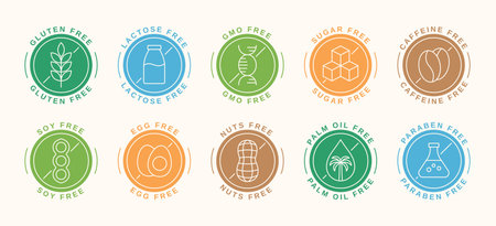 Set of colorful allergen free icons. Food labels and badges. Gluten free, lactose free, sugar free. Vector illustrationのイラスト素材