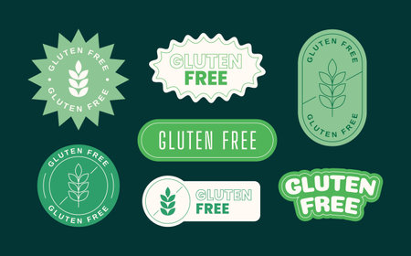 Set of gluten free label designs in flat and line style. Gluten free stickers with wheat symbol. Vector illustrationのイラスト素材