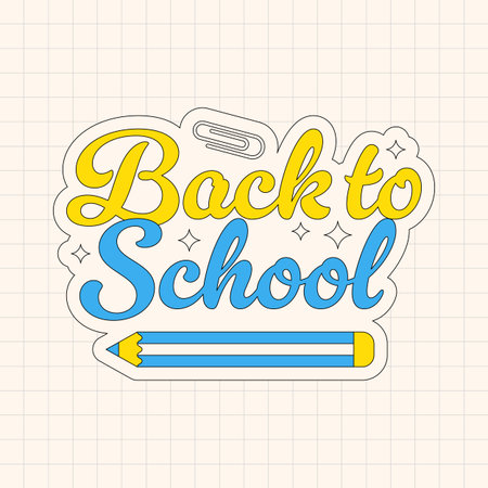 Colorful Back to School sticker with playful text and pencil. Cute typography design. Vector illustrationのイラスト素材