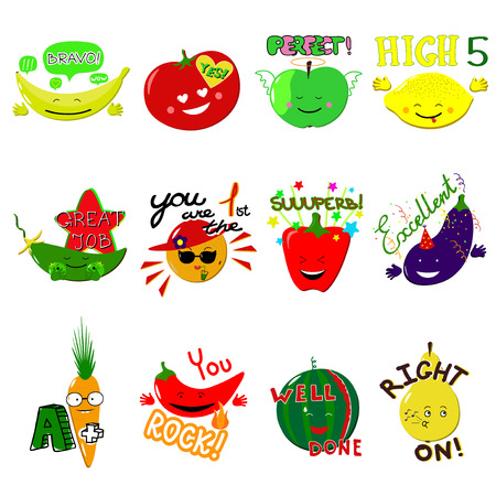 Achievement school Labels. Set of 16 vector stickers with fruits and vegetables.のイラスト素材