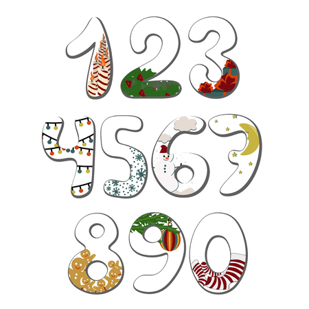 Numbers with symbols of the Christmas New Year vector cartoon illustrationのイラスト素材