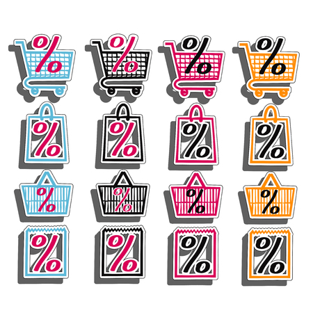 Sale shop bag basket and cart icons set. Discount symbol. Special offer labels. Vector stickers with shadowのイラスト素材
