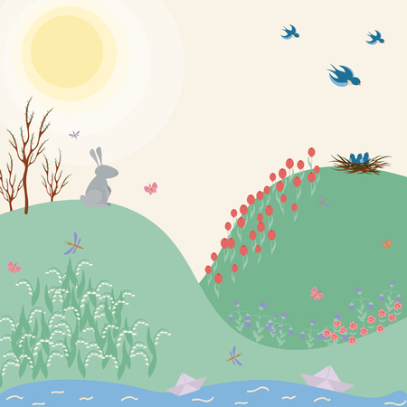 Spring Green Flat Landscape with flowers rabbit and stream. Vector illustrationのイラスト素材