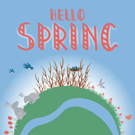Earth Concept flat vector illustration, Hello Spring hand writing phrase.のイラスト素材