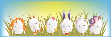 Sweet easter egg characters in the grass with sky. Funny Easter eggs chick rabbit cat and others. Happy easter vector setのイラスト素材