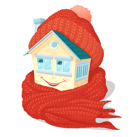 small one-storey house in a warm knitted orange cap and a scarf, with a smile on the wallのイラスト素材
