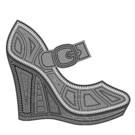 black and white silhouette of women's shoes with wedges, with strap and buckle, with patterns, on a white backgroundのイラスト素材