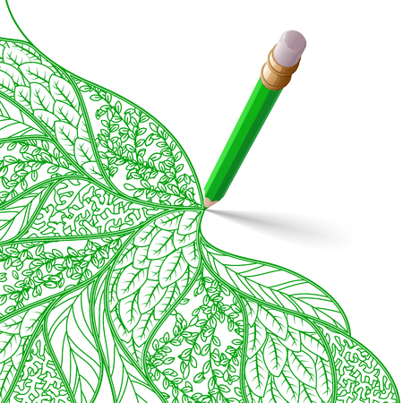 The bright six-sided green pencil with eraser, casting a shadow on a white background, draws a pattern from a green lineのイラスト素材