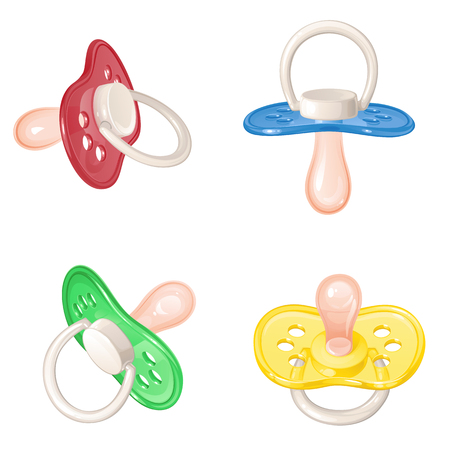 Set of four colorful baby pacifiers on a white backgroundのイラスト素材