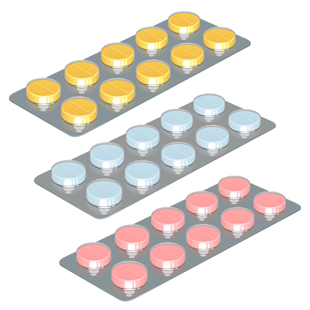 Three blisters with color tablets, yellow, blue and pink, on a white backgroundのイラスト素材