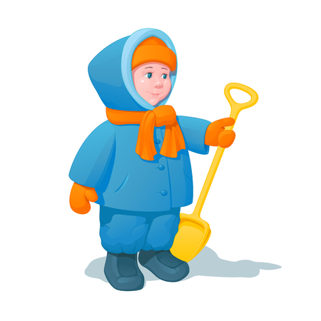 Smiling child in winter clothes, with a plastic shovel for snow in a hand, on a white backgroundのイラスト素材
