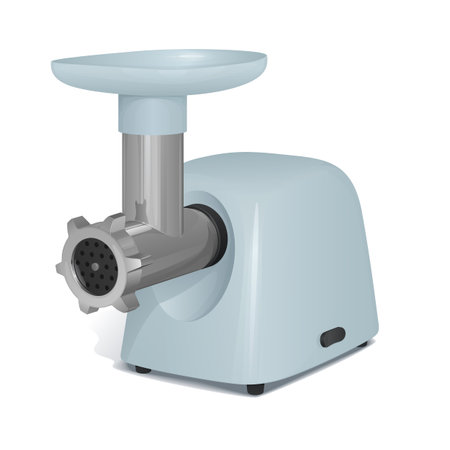 meat grinder electric with a light gray plastic case, a tray for meat and a metal pipe, on a white background with a shadowのイラスト素材