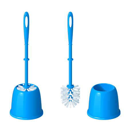 Blue toilet brush in a glass, next to the same brush, taken from a glass, on a white backgroundのイラスト素材