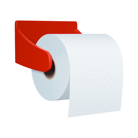 Roll of toilet paper with embossed, in a plastic red wall holder, on a white backgroundのイラスト素材