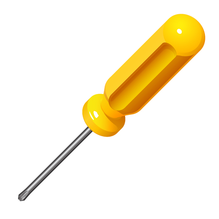 Illustration for Steel crosshead screwdriver with yellow handle, in working position, isolated on white background - Royalty Free Image