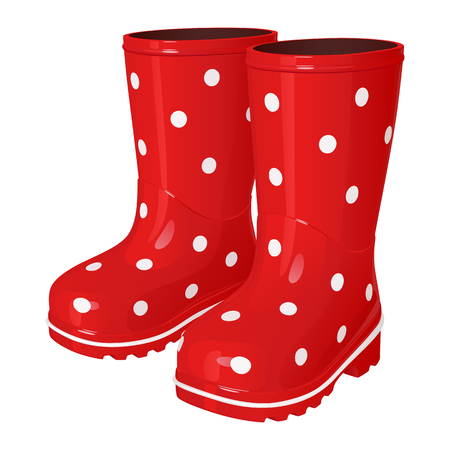 Red children`s rubber boots in a white polka dot, with a corrugated sole, on a white backgroundのイラスト素材