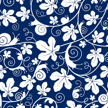 Snails on the vine. Seamless white-blue vector pattern made of snails, leaves and stems.のイラスト素材
