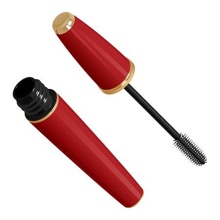 Mascara in red tube with a brush, with golden trim, open and closed packaging. Vector illustration on white backgroundのイラスト素材