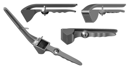 Manual metal press for garlic in different angles, open and closed, vector illustration on white backgroundのイラスト素材