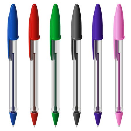 Set of six colored plastic ballpoint pens with caps, in a transparent hexagonal case, on a white backgroundのイラスト素材