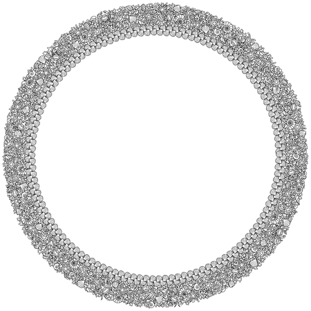 Round vector decorative frame from black and white outline images of sea stars, shells, bubbles, corals and crabsのイラスト素材