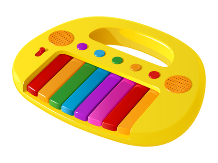 Children's yellow toy electric piano with multicolored keys and buttons, isolated on white backgroundのイラスト素材