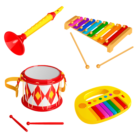 Set of children's musical instruments, isolated on white background. Drum, xylophone, puff and piano.のイラスト素材