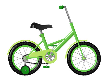 Children's green bicycle with detachable training wheels, isolated on white backgroundのイラスト素材