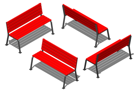 Red street bench made of wooden slats on metal supports, vector isometric pattern on a white background with shadowのイラスト素材