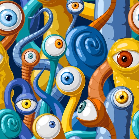 Seamless vector pattern of cartoon eyes and tentacles of monsters, in blue and yellow tonesのイラスト素材
