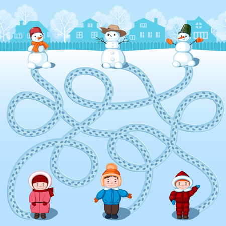 Three children make three snowmen. Find whose is where? Children's winter picture with a riddleのイラスト素材
