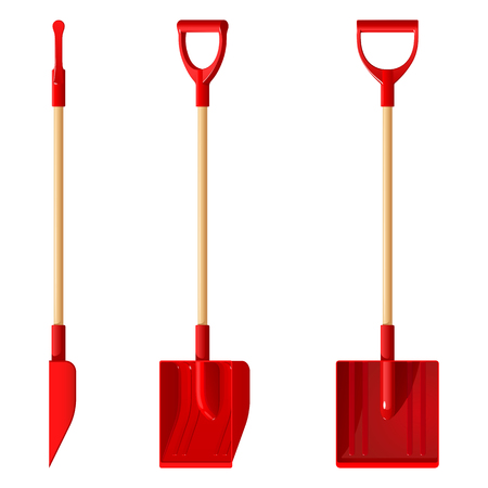 Red plastic snow shovel with wooden handle, vector illustration isolated on white backgroundのイラスト素材