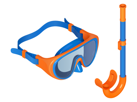 Swimming set. Snorkel mask in isometric view, blue and orange vector illustration on a white background.のイラスト素材