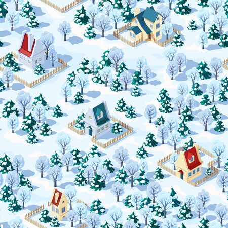 Seamless vector landscape of winter countryside with trees and houses, coniferous and deciduous treesのイラスト素材