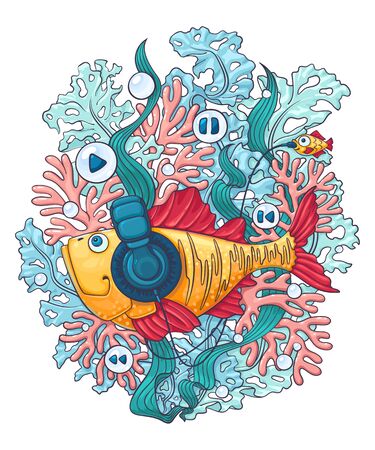 A fish in headphones swims among algae and corals and listens to music. Vector illustration on a white background.のイラスト素材