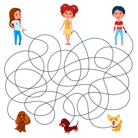 Three children walk the dogs on leashes. Guess where is whose dog is? Children's picture puzzle with tangled lines.のイラスト素材