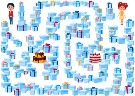 Help the boy and girl find their cakes in the maze of holiday gifts. Who gets which cake? Children's game picture with a labyrinth on a white background.のイラスト素材