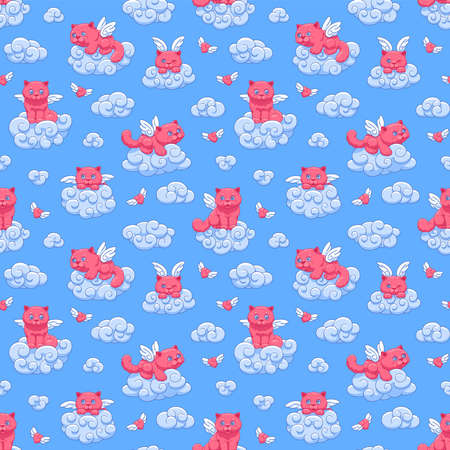 Seamless vector pattern with cute pink winged kittens and hearts on the clouds against the blue sky, cartoon drawing for children.のイラスト素材