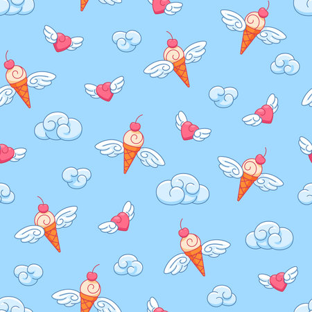 Seamless vector pattern with flying winged hearts and ice cream cones on a background of blue sky with clouds, children's cartoon ornament.のイラスト素材