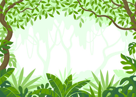 Vector background depicting a jungle with leaves, trees and vines around the edges.のイラスト素材
