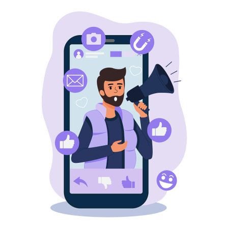 Social Media Marketing for Web Design. Flat Vector Illustration. Man Attracts Attention, Advertises Product, Interacts with Subscribersのイラスト素材
