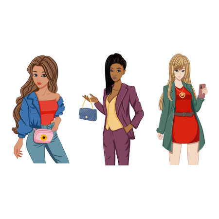 Set of Beautiful Young Women. Vector Illustration of Stylish Girls Fashion Models.のイラスト素材