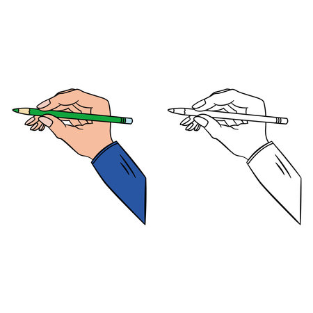 Hand with Pencil for Coloring Page. Mockup. Hand Holding Green Pencilのイラスト素材