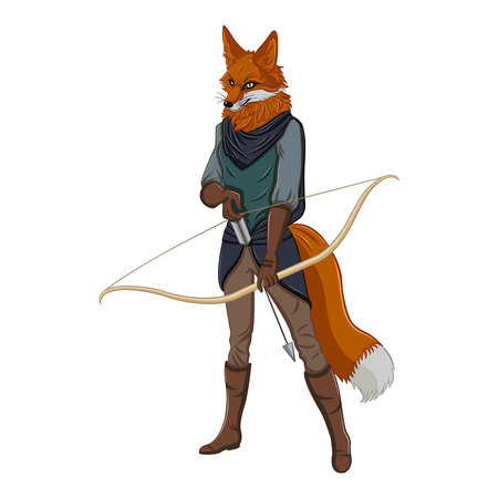 Warrior Fox with Bow. 2D Character. Anthropomorphic animal. Vector illustration.のイラスト素材