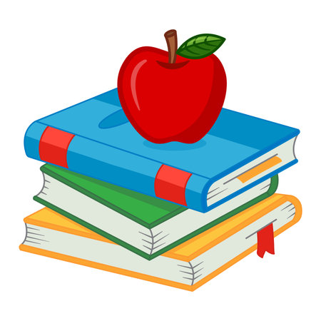 Apple and Books. Science and education. Vector Illustration of Red Apple Lying on School Booksのイラスト素材