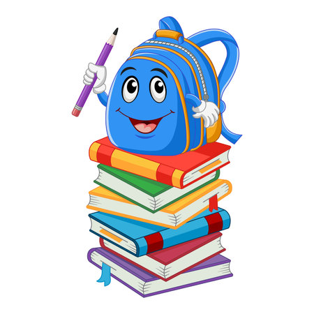 Cartoon Backpack Sits On Books. Education concept. Vector Illustration of Funny Character with Pencil and Booksのイラスト素材