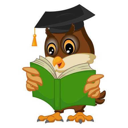 Cartoon Owl Reads a Book. The concept of self-education. Vector Illustration of a Wise Bird in a Graduation Hat and a Bookのイラスト素材