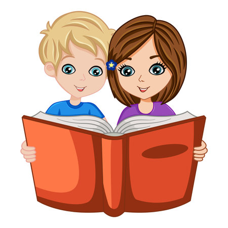 Children are reading a book. Education concept. Vector Illustration of a Boy and a Girl with a Bookのイラスト素材