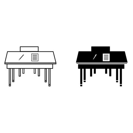 School Desk and Chair icon. Science and education. Vector Illustration of Wooden Classroom Table, Chair, Pen, and White Sheet of Paperのイラスト素材